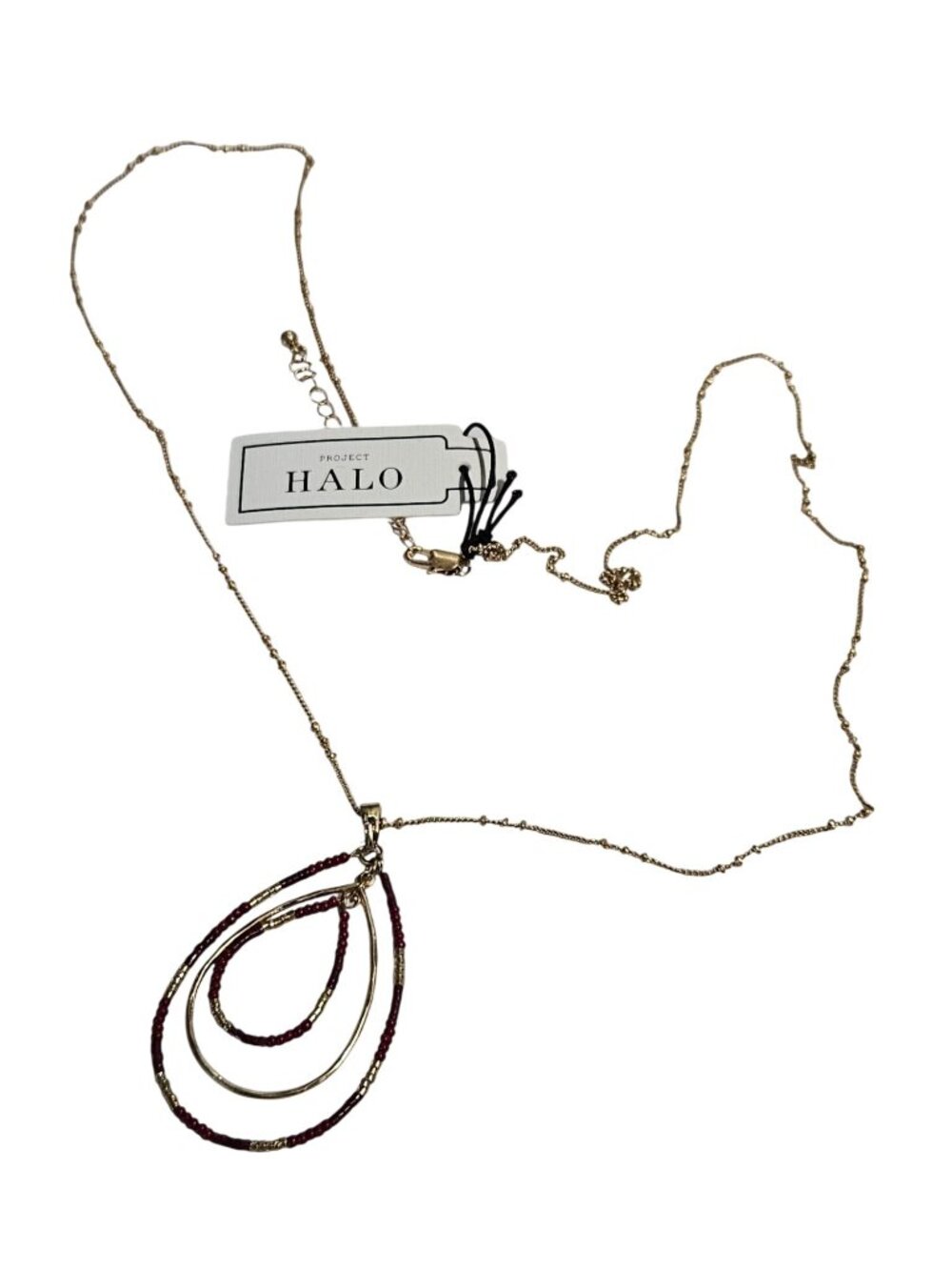 Project Halo Layered Teardrop Pendant Necklace Goldtone Red Seed Beads